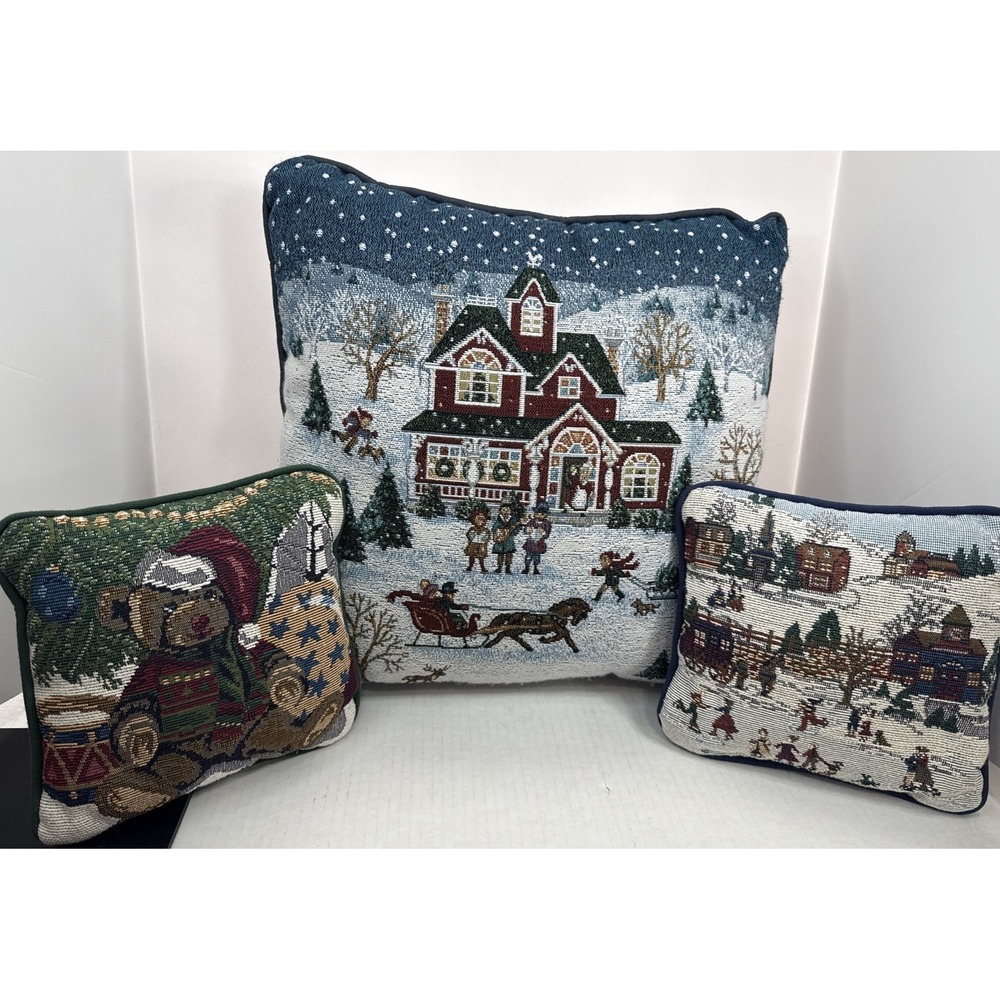 VTG Winter Christmas Embroidered Tapestry Pillows Lot Sleigh Ride Victorian Bear